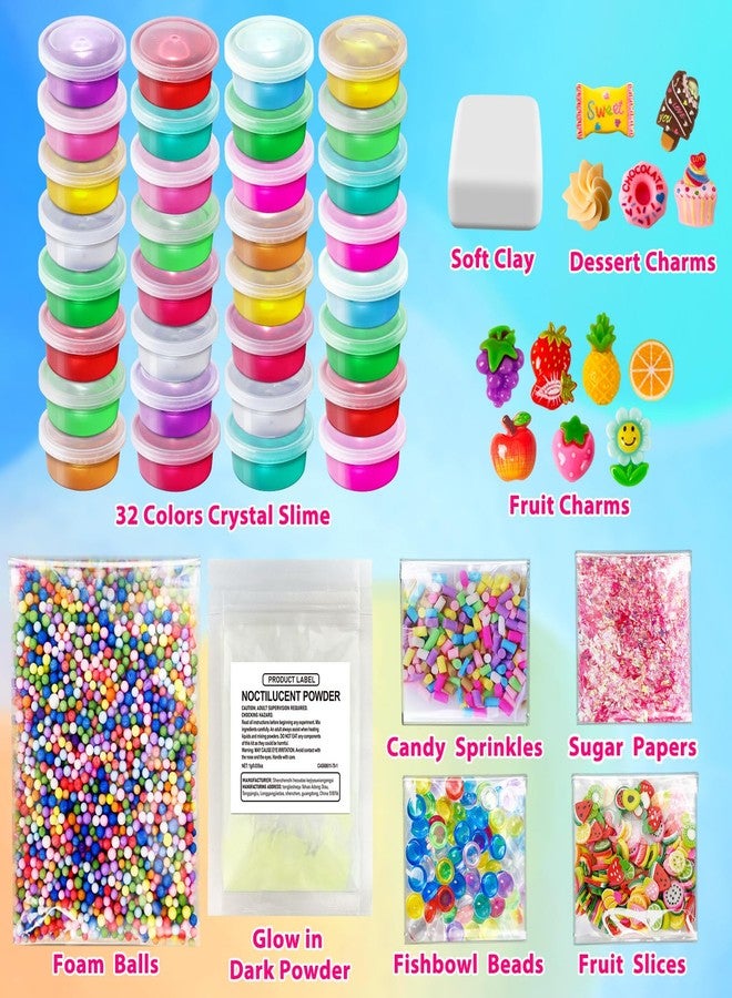 مجموعة صنع سلايم DIY مكونة من 32 كوبًا، مجموعة صنع سلايم للبنات، سلايم شفاف كريستالي، سلايم مضيء في الظلام مع إضافات، كرات إسفنجية، زينة، هدايا وألعاب سلايم لحفلات الأطفال من 3 إلى 12 عامًا - Image 3